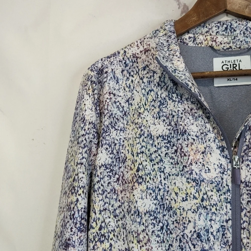 Athleta Girl Jacket XL 14 Full Zip Ice Storm Pattern Abstract Blue Jersey 1183